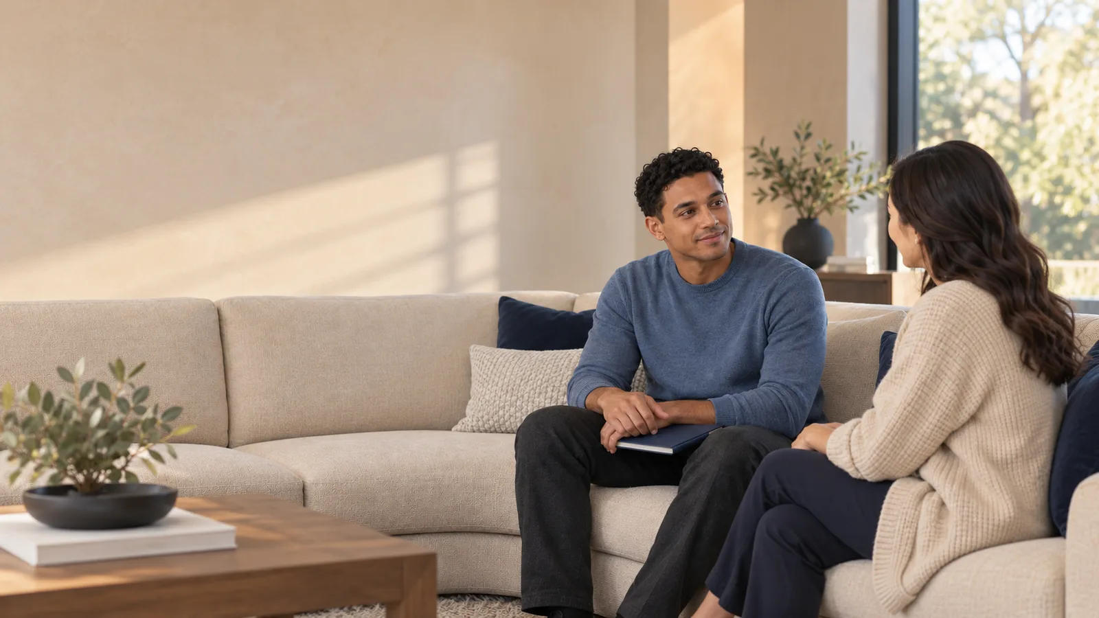 An illustrative scene of an adult and support person talking in a calm lounge.
