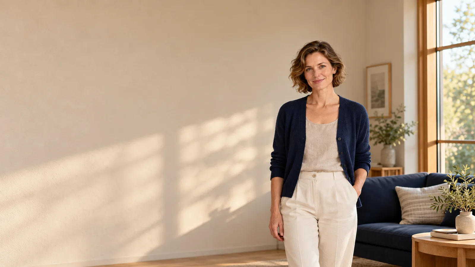 An illustrative portrait of an adult woman in a quiet home setting.