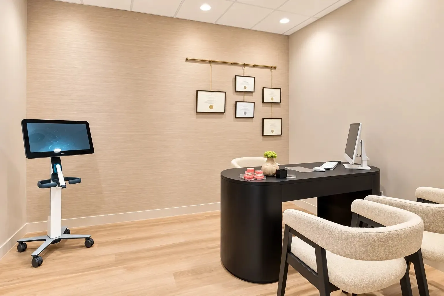 The private consultation room at SC Orthodontics, with the scanner, diplomas, and seating for the family
