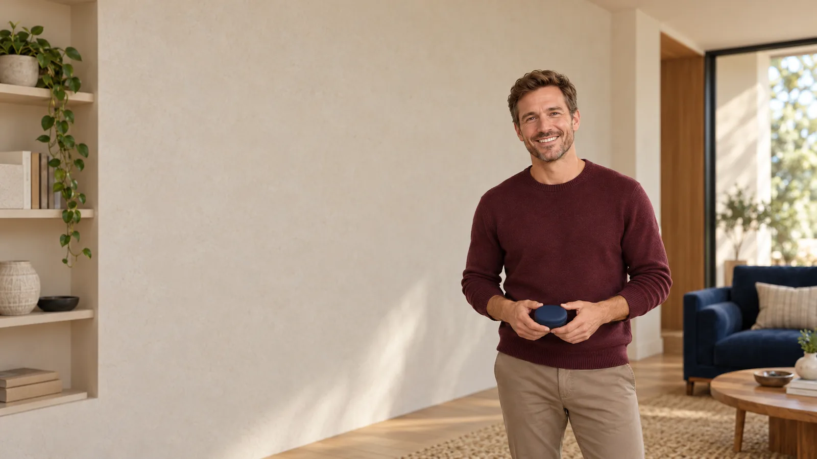 An illustrative portrait of an adult smiling with a retainer case in hand.