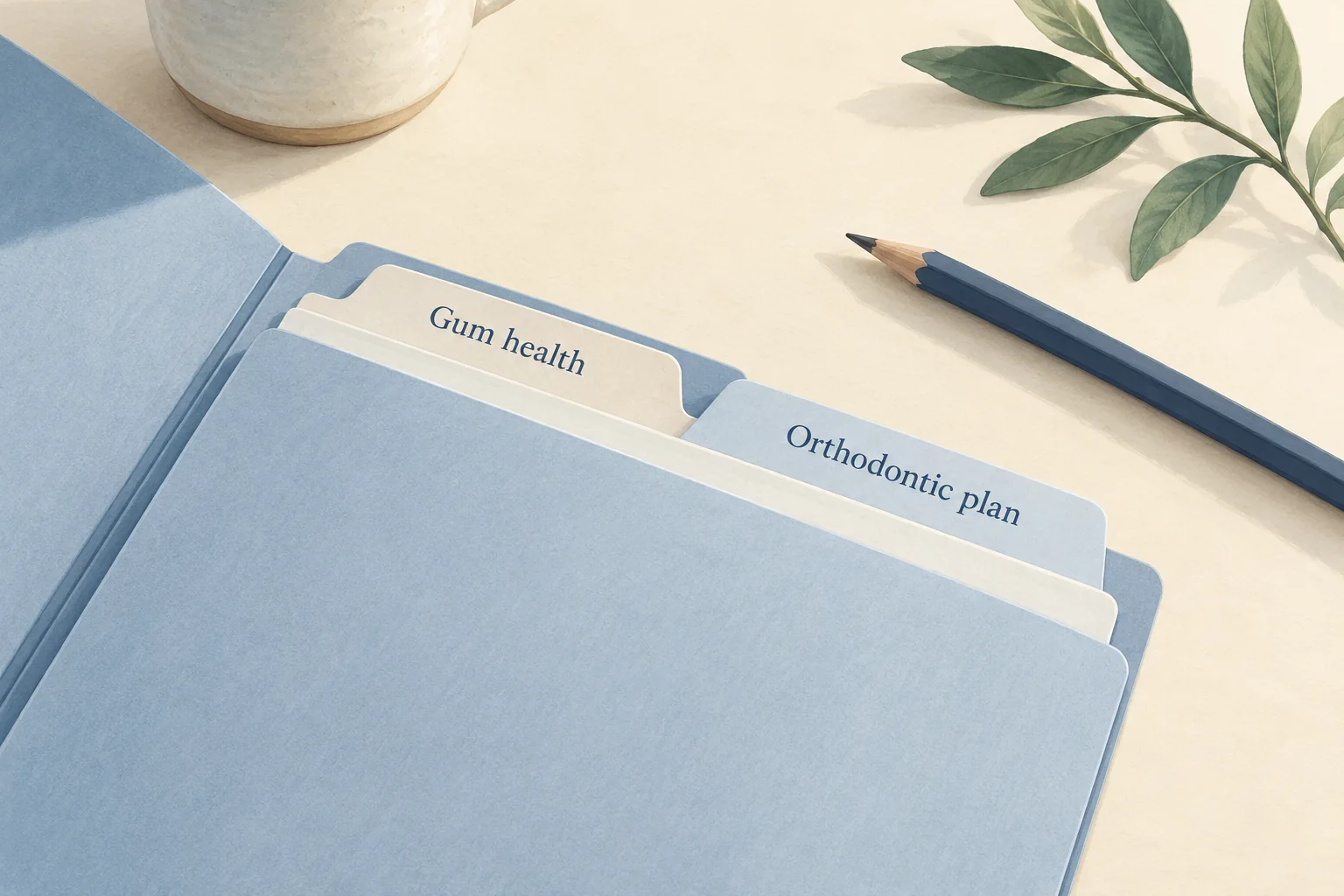 Illustration of a blue planning folder with Gum health and Orthodontic plan tabs beside a pencil and leaves.