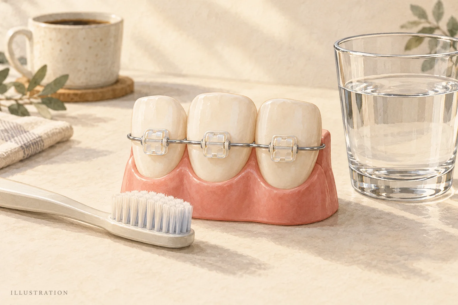 Illustration of a generic tooth model with tooth-colored brackets beside a toothbrush, water and coffee.