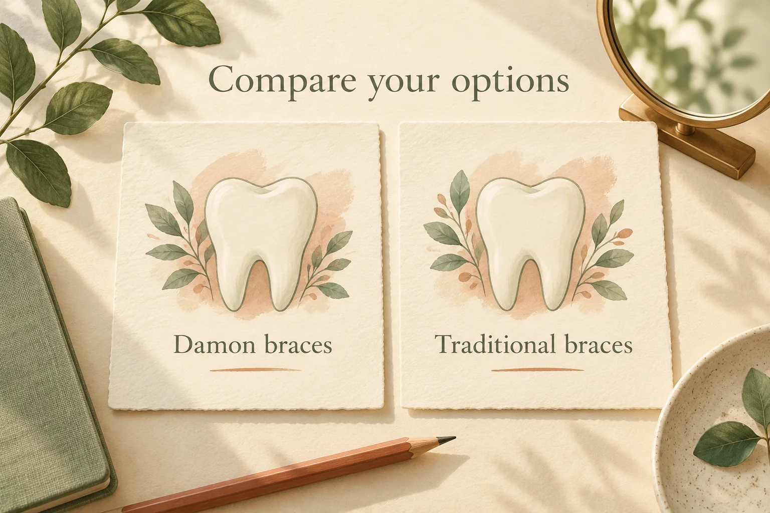 Illustration of two tooth-icon cards labeled Damon braces and Traditional braces beside a pencil and mirror.