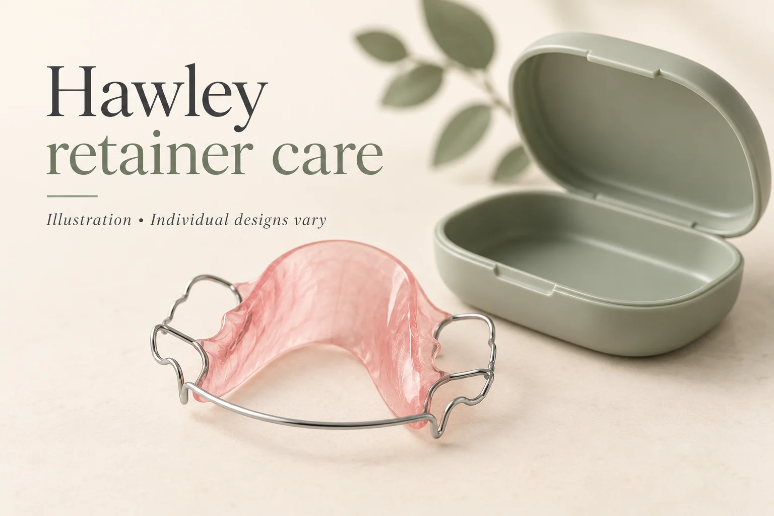 Illustration of a pink acrylic-and-wire Hawley retainer beside an open protective case; individual designs vary.