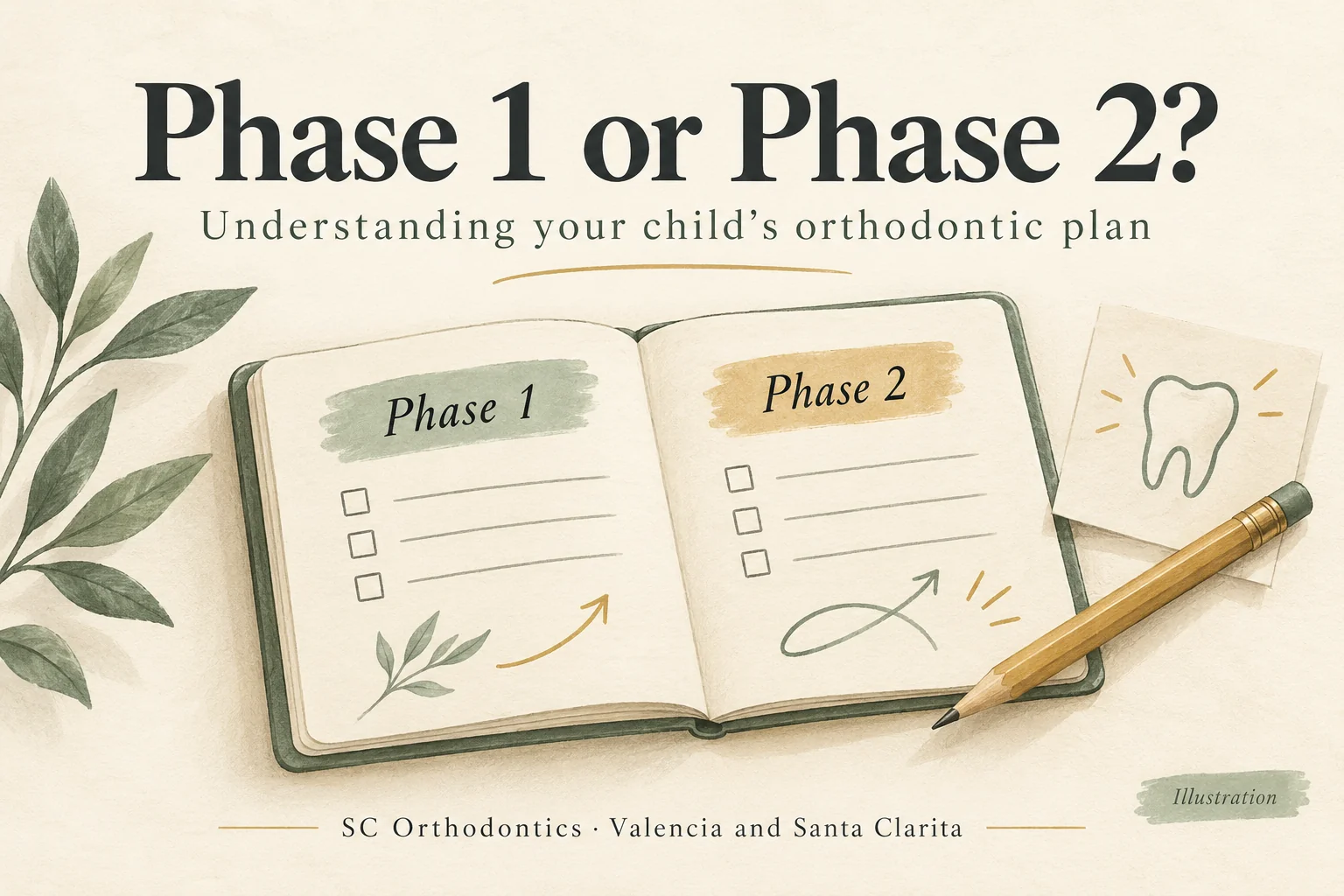 Illustrated notebook with Phase 1 and Phase 2 headings, a tooth icon and a pencil.