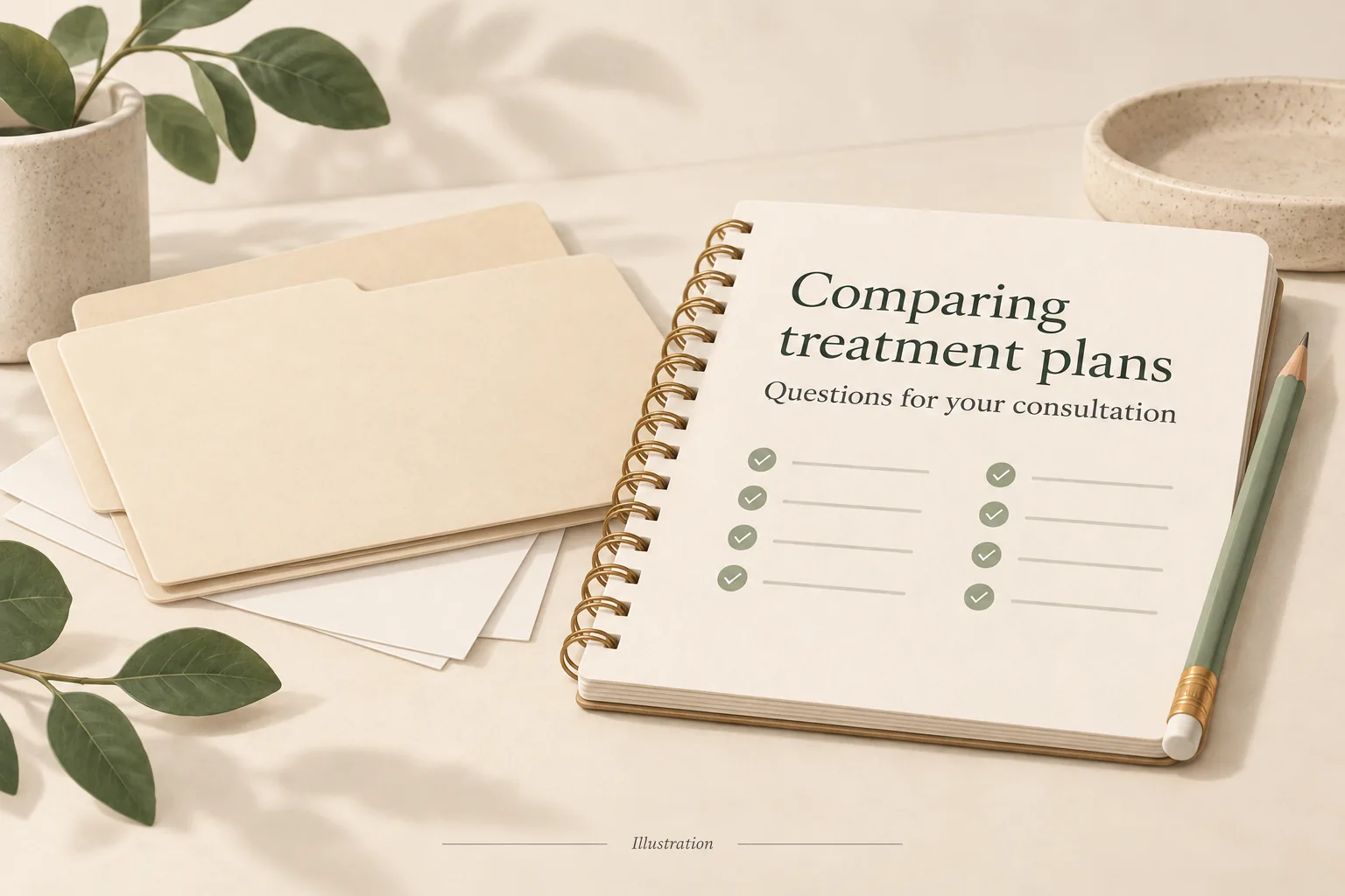 Illustration of a consultation checklist headed Comparing treatment plans beside blank folders and a pencil.