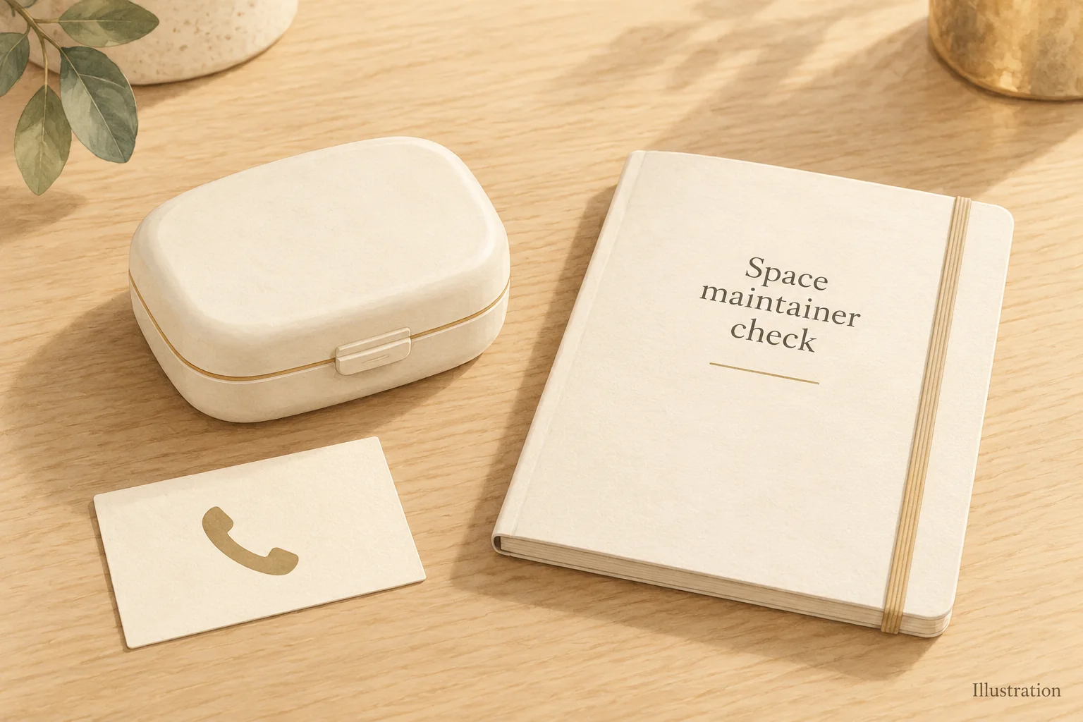 Illustration of a closed appliance box beside a Space maintainer check notebook and telephone icon.
