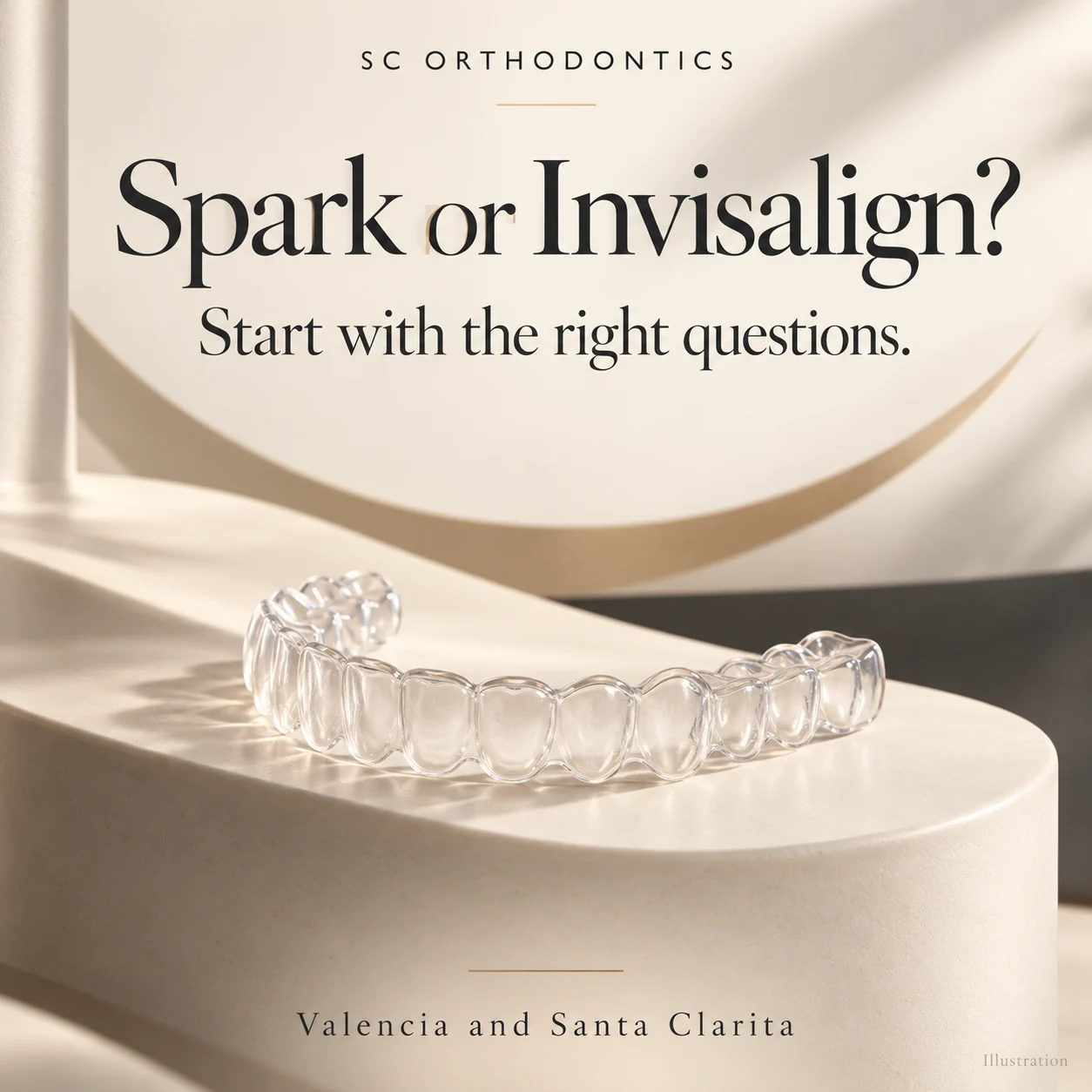 Illustration of a clear aligner with the question Spark or Invisalign, from SC Orthodontics in Valencia and Santa Clarita.
