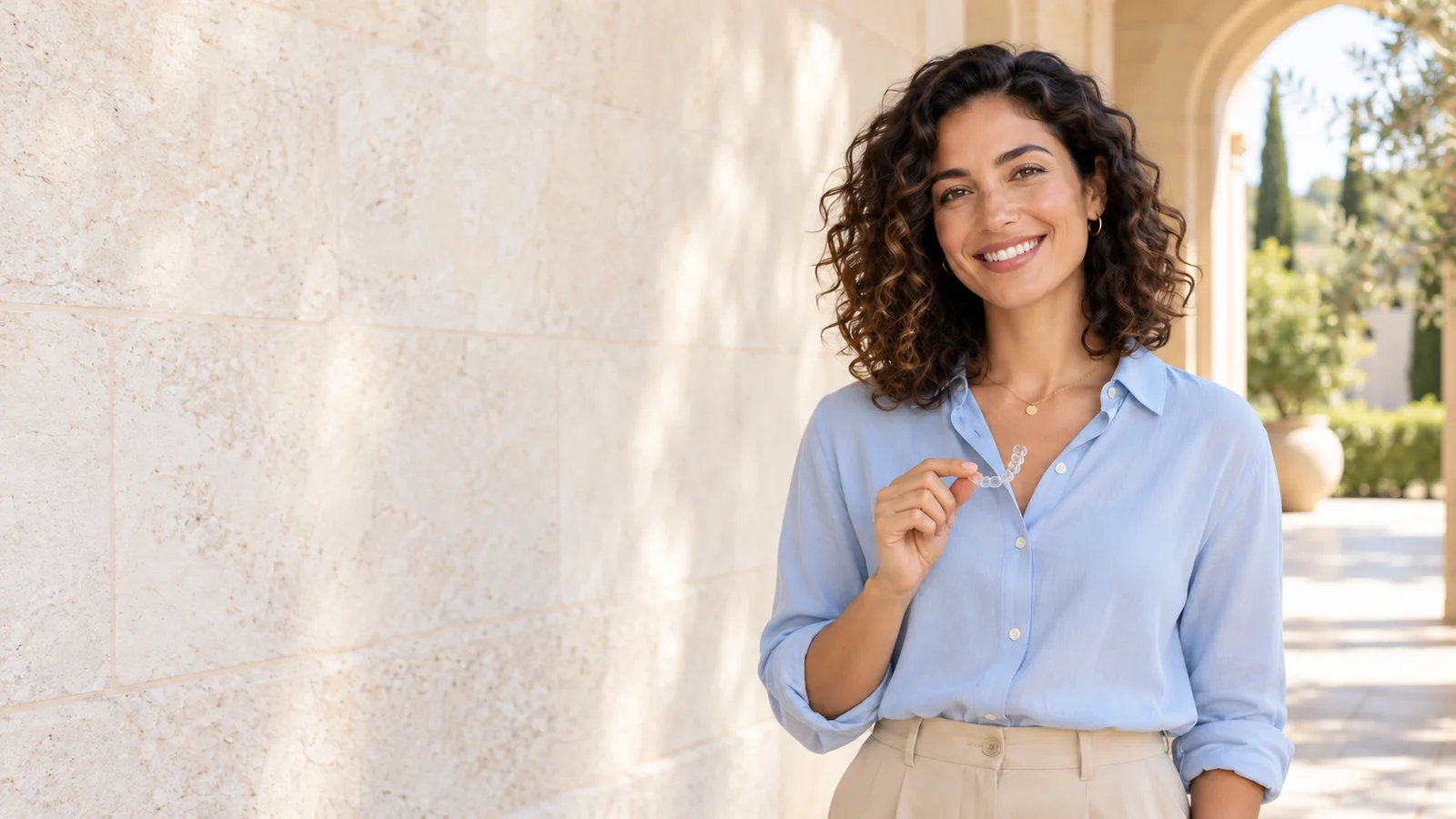 An illustrative portrait of an adult smiling and holding a clear aligner.