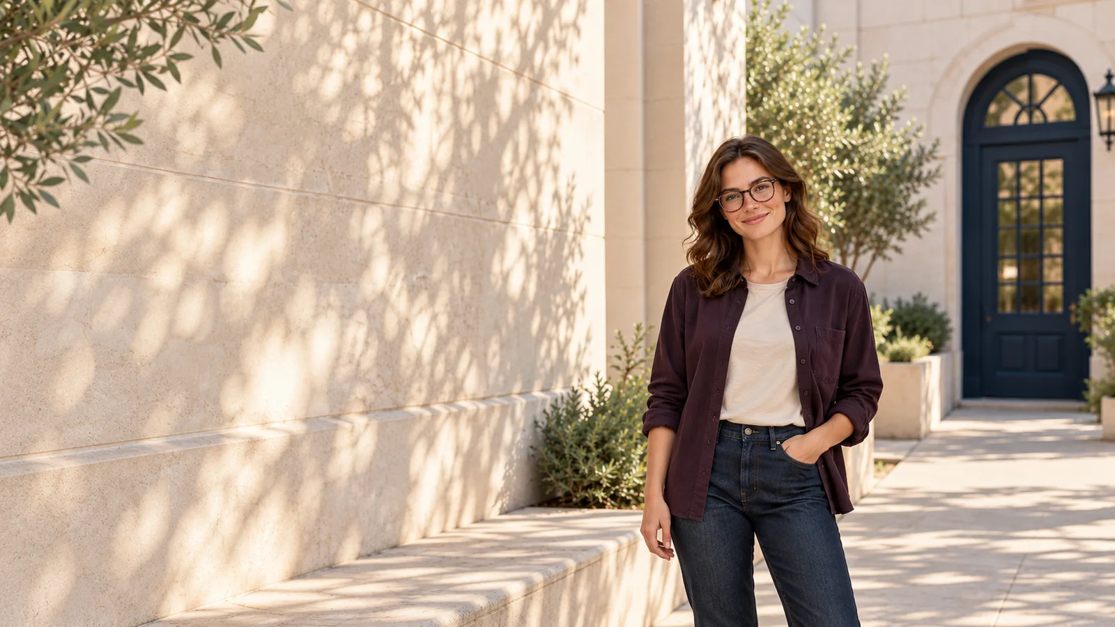 An illustrative portrait of a young adult in a shaded architectural walkway.