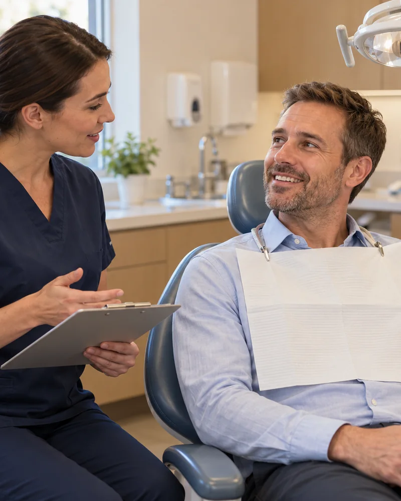 An adult discussing dental care with a clinician in a bright treatment room