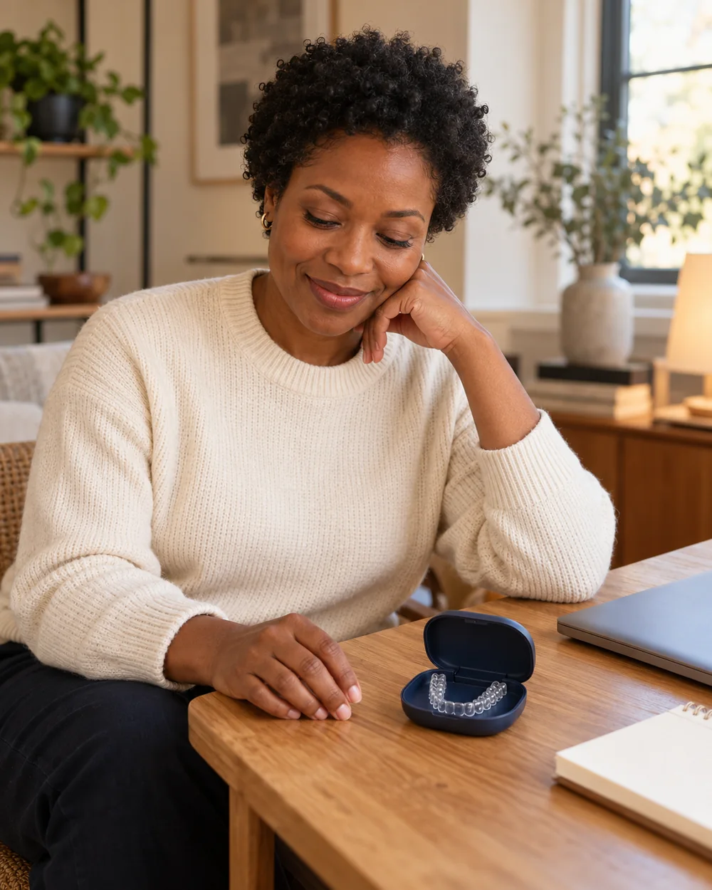 An adult in a cream sweater seated at a desk beside a clear dental tray in an open case