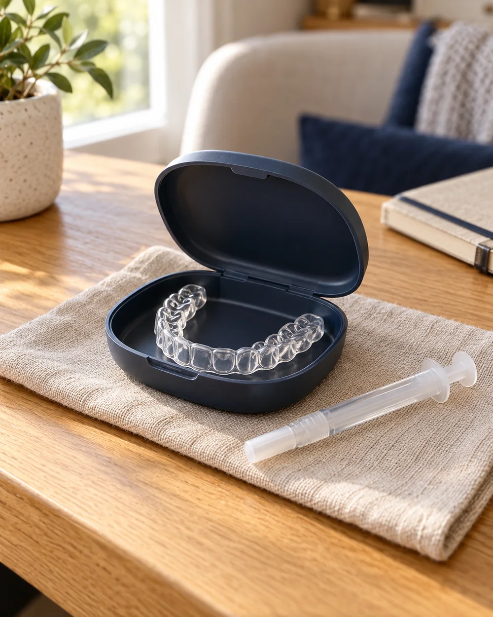 A clear dental tray in an open case, beside a capped gel applicator on a wooden table