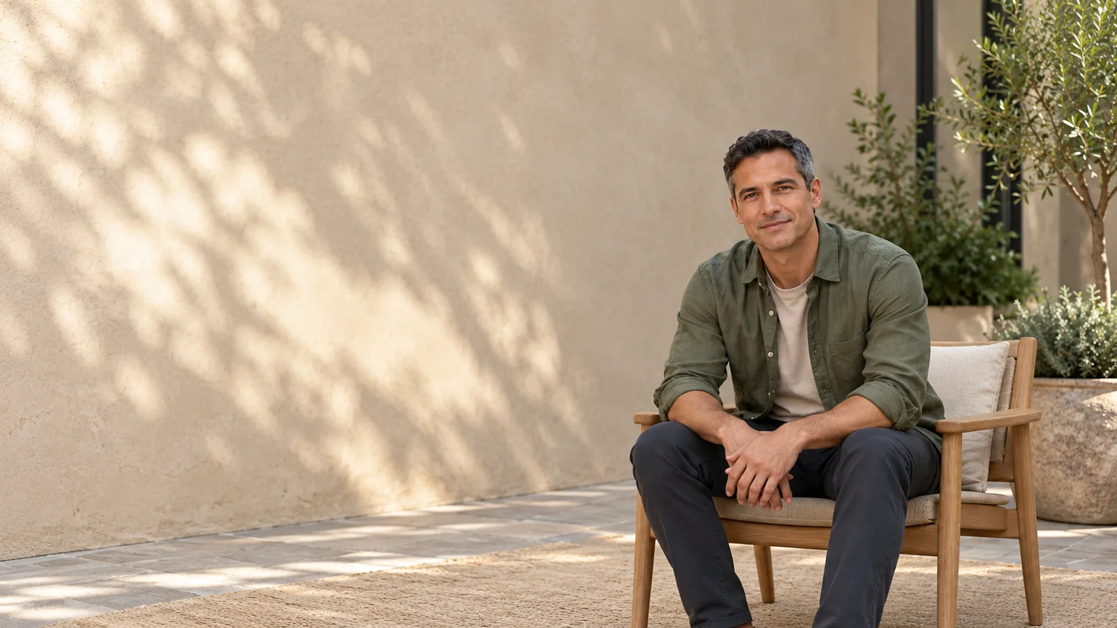 An illustrative portrait of an adult seated in a quiet courtyard.
