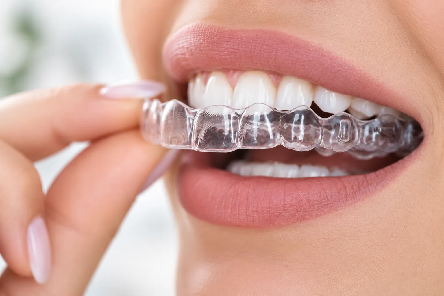 A patient placing a clear Invisalign aligner