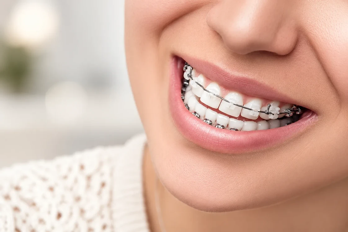 A close view of tooth-colored upper braces and metal lower braces.