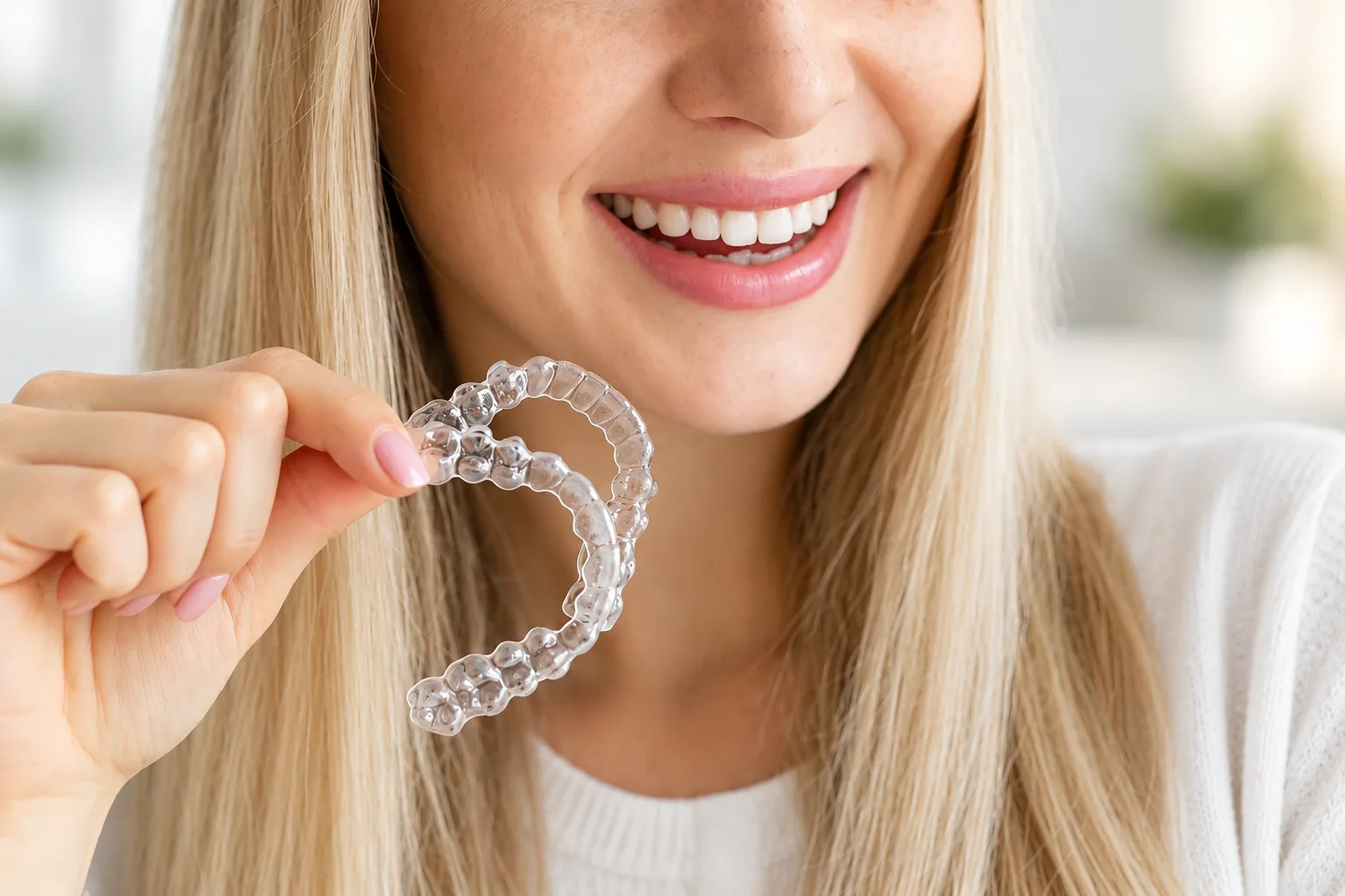 A patient holding a Spark clear aligner