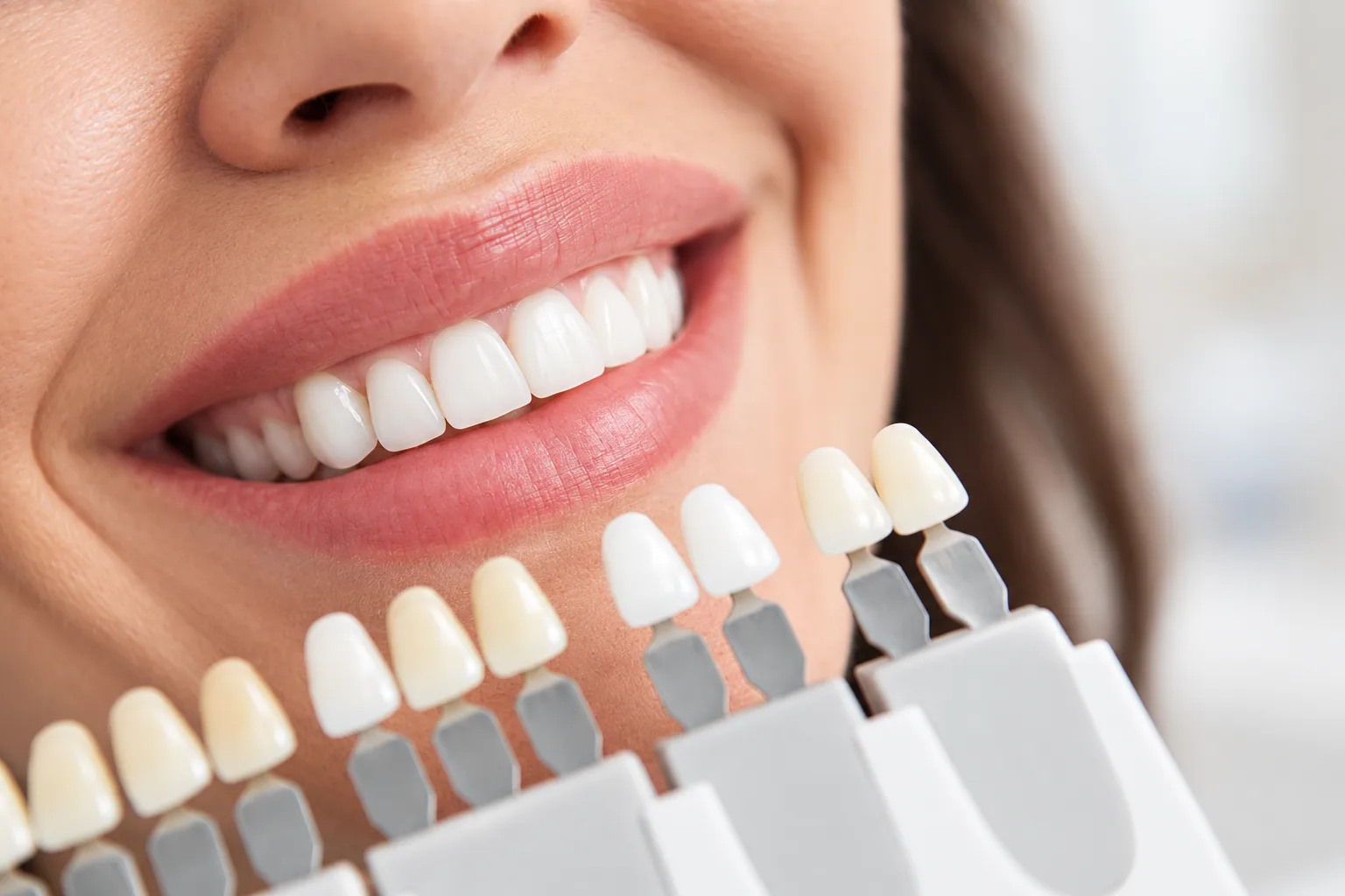 A whitening shade guide held beside a smile